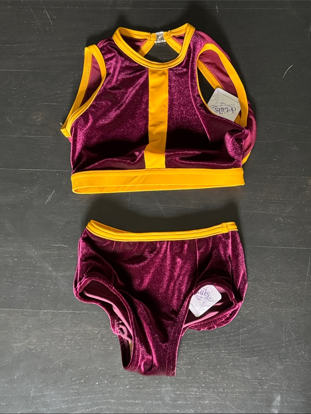 Kids Dance Costume Two-Piece Crop Top & Briefs - Dark Maroon with Gold Trim